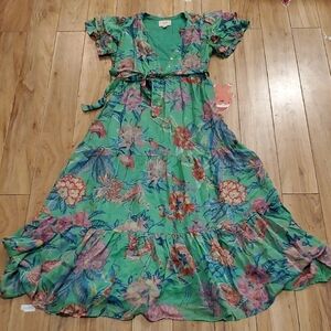 Banjanan Pink Green Sundress with Flutter Sleeves and Ruffled Hem